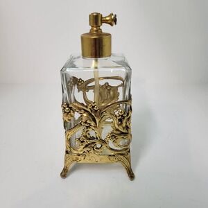 Vintage Perfume Bottle Clear Glass Gold Tone Ornate‎ Metal Stand Atomizer